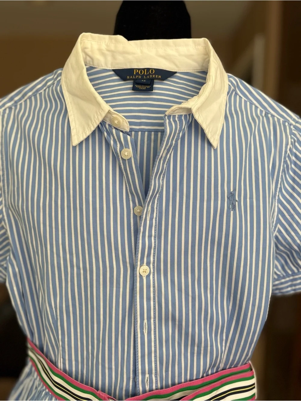 Polo by Ralph Lauren Blue & White Stripe Shirt Dress with Contrast Collar